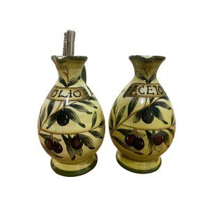 Siena Italian Ceramic Art Pottery Oil & Vinegar Cruet Set Hand Painted Olive Des